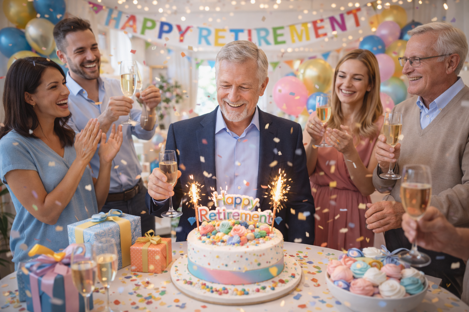 Uomo che festeggia la pensione, tagliando la torta con le stelle filanti. La famiglia applaude, brinda con champagne. Palloncini e striscione con la scritta 