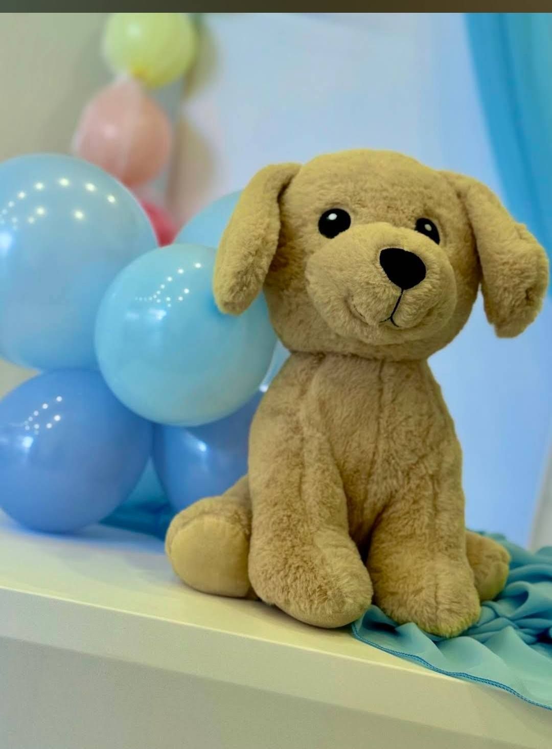 Un cucciolo di peluche color cuoio è appoggiato su uno scaffale con palloncini blu, un panno blu e palloncini color pastello sullo sfondo.