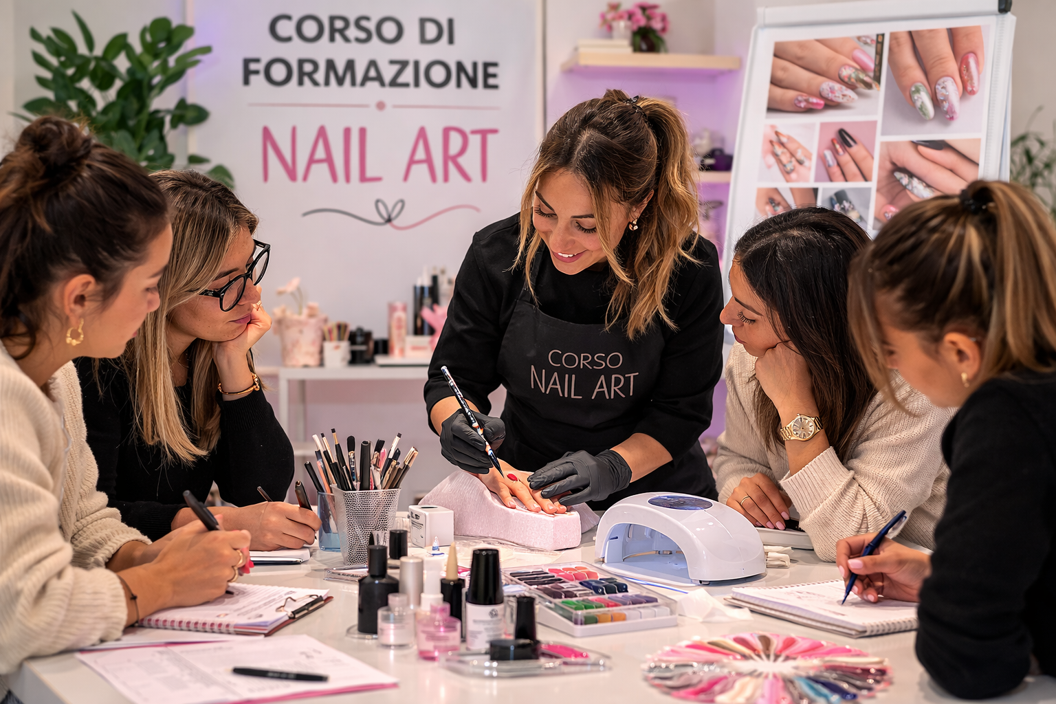 Un'istruttrice di nail art mostra la tecnica agli studenti durante un corso di formazione. Osservano e prendono appunti.