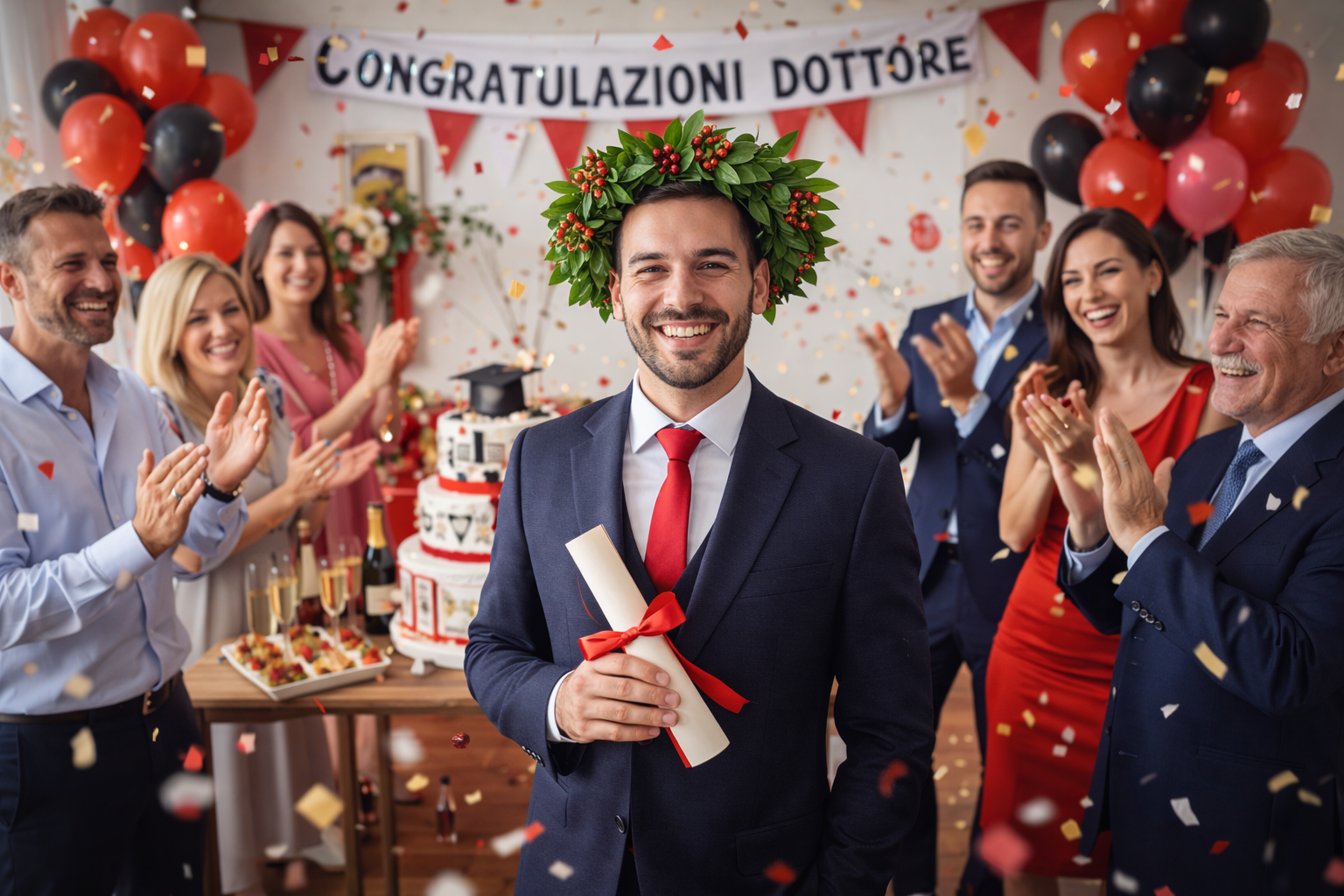 Uomo che festeggia la laurea, indossando una corona d'alloro e tenendo in mano il diploma, circondato dagli applausi dei familiari e dalle decorazioni.