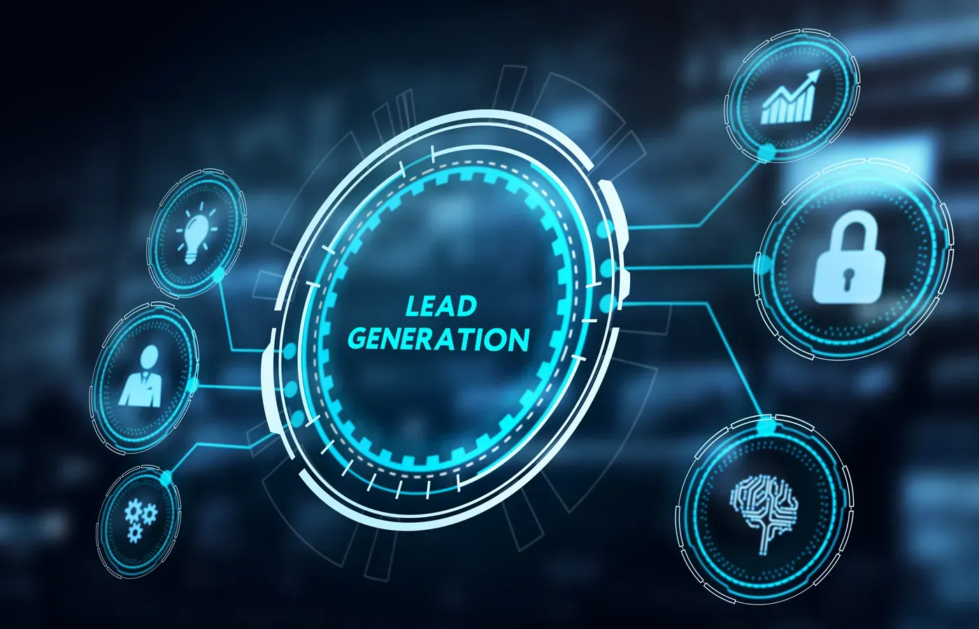 A circle with the words lead generation written inside of it surrounded by icons.