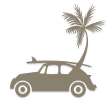 splash car wash icon - vw car, palm tree, and surfboard