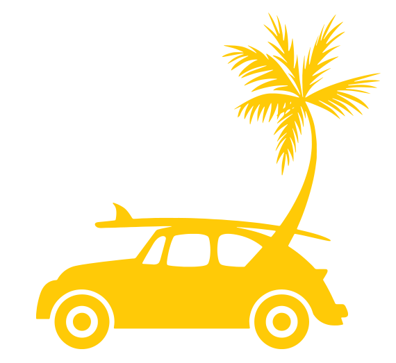 splash car wash icon - vw car, palm tree, and surfboard