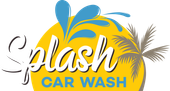 splash car wash logo - yellow sunset with vw car, palm tree, and surfboard