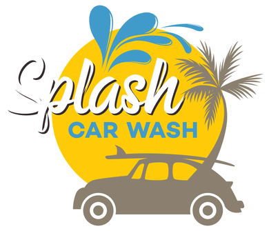 splash car wash logo - yellow sunset with vw car, palm tree, and surfboard