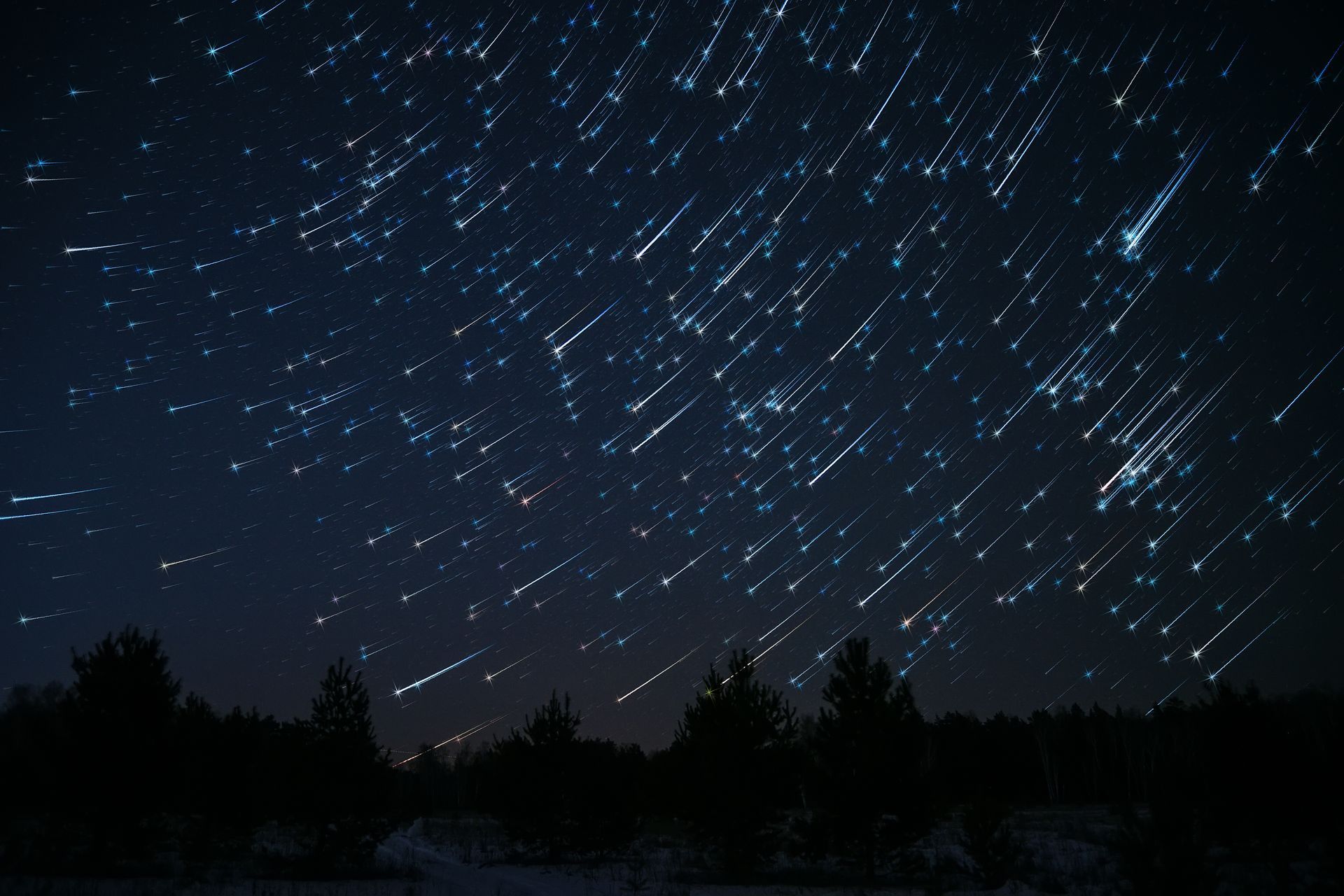 A night sky filled with lots of stars and trees in the foreground