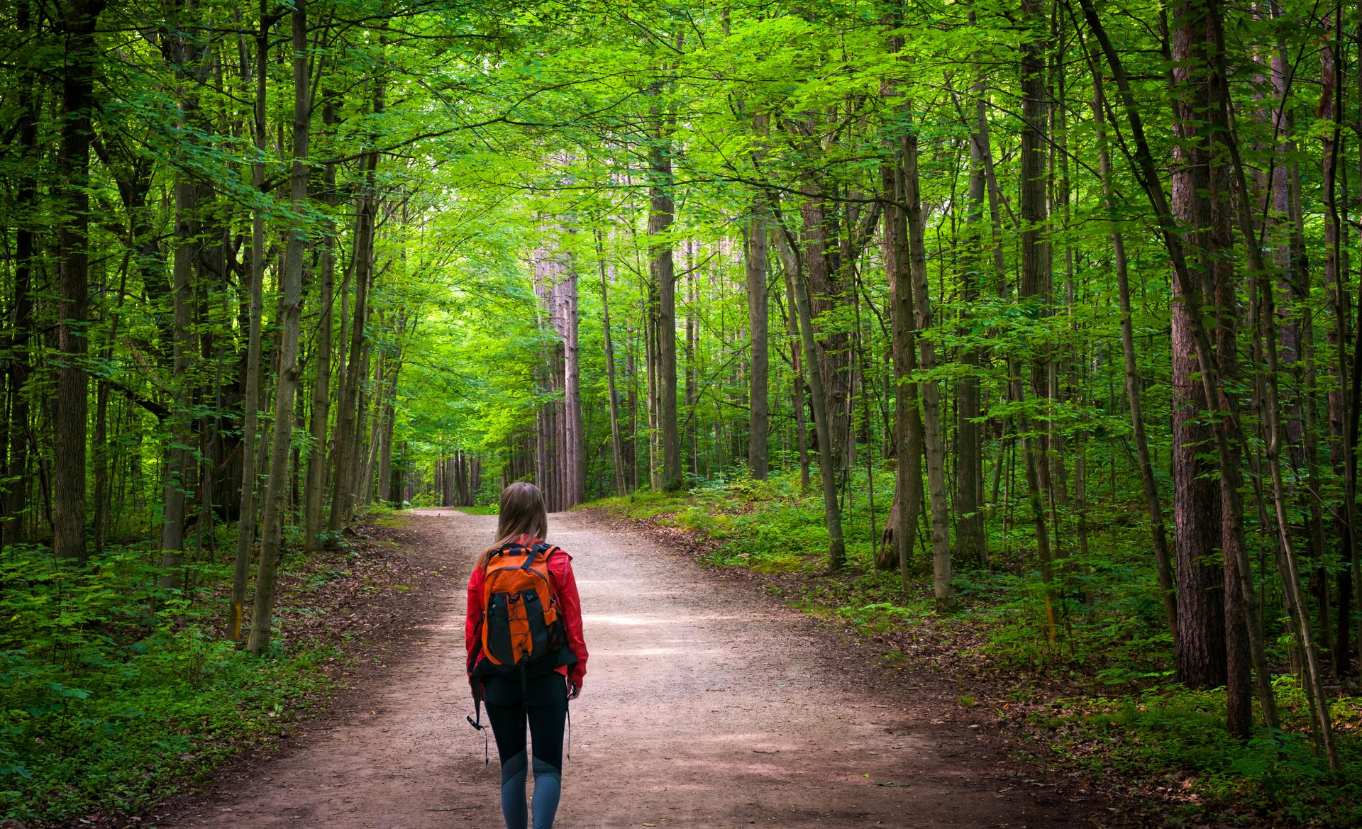 Woman with backpack hikes on a path through a lush, green forest.