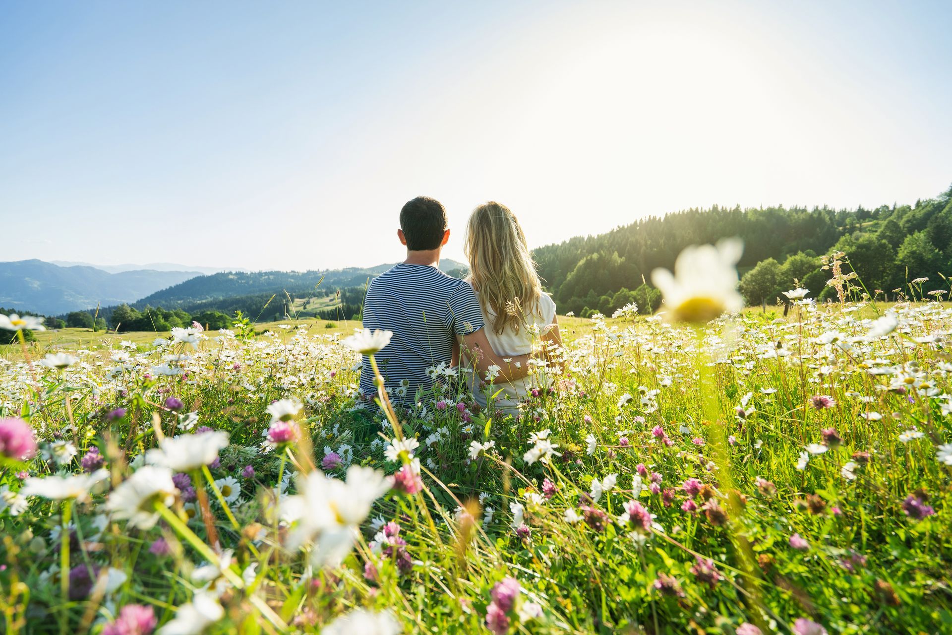 Couple in a field of wildflowers, looking at mountains on a sunny day.