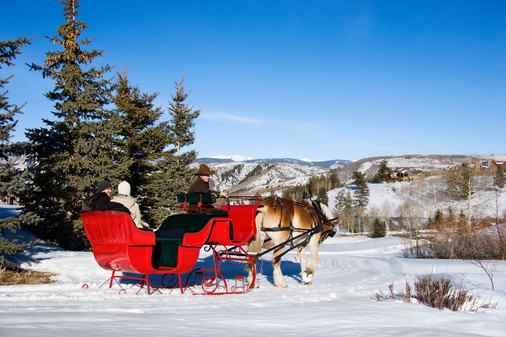 Red sleigh pulled by a horse in snowy landscape, passengers enjoying the ride.