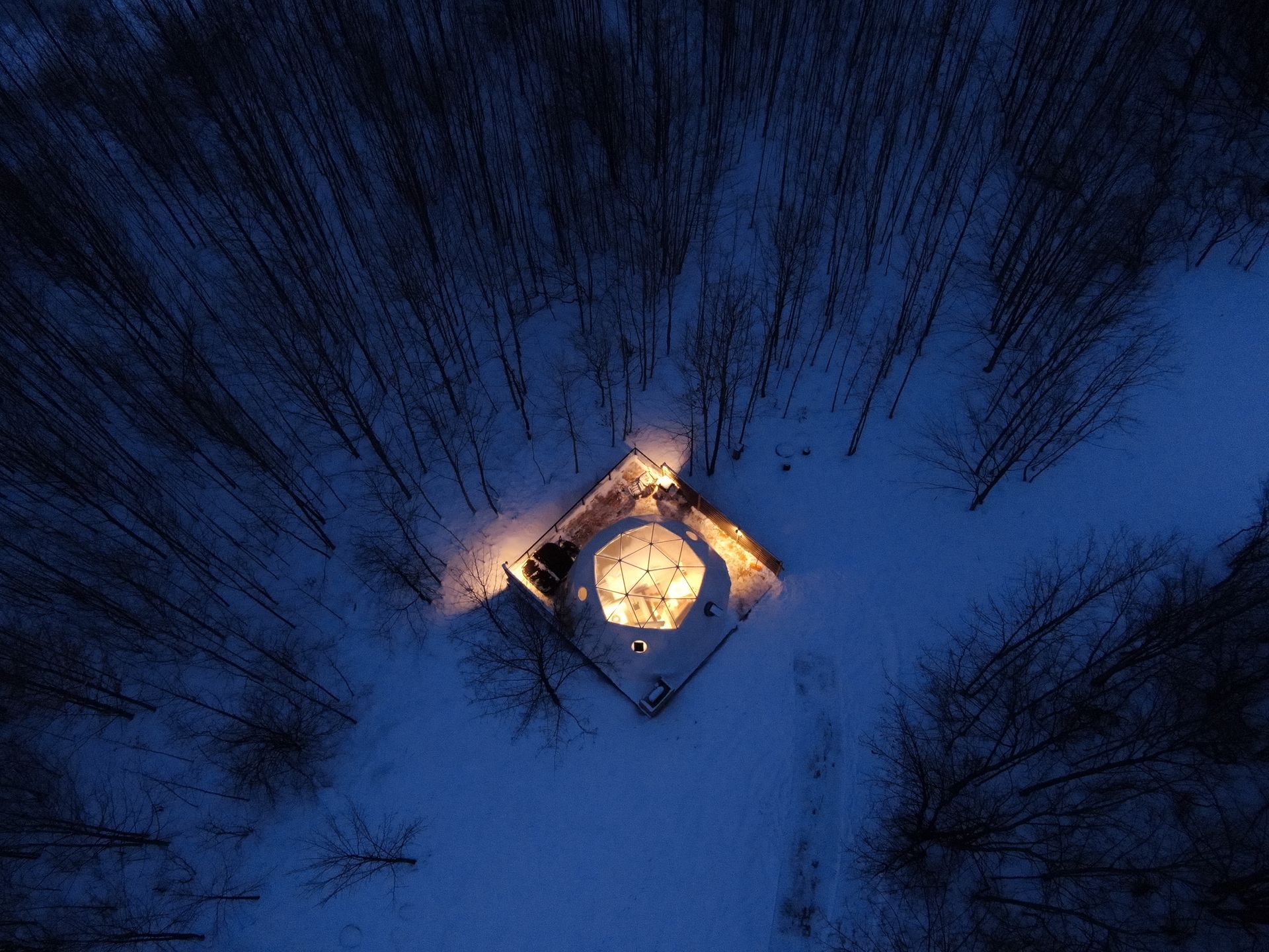 An aerial view of a house in the middle of a snowy forest at night.