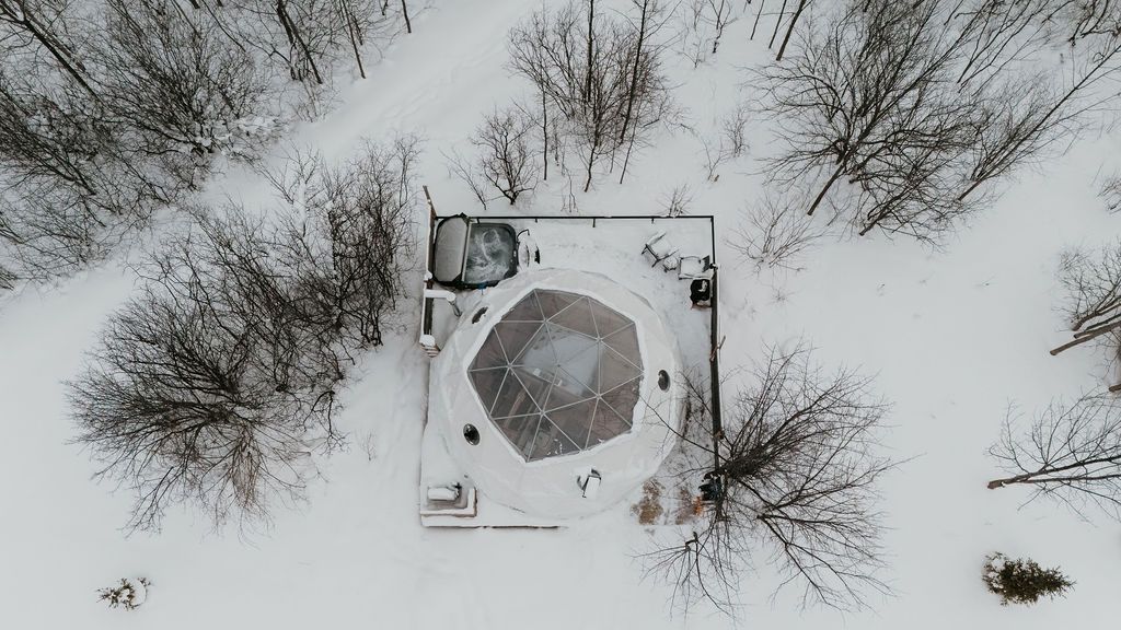 An aerial view of a dome in the middle of a snowy forest.