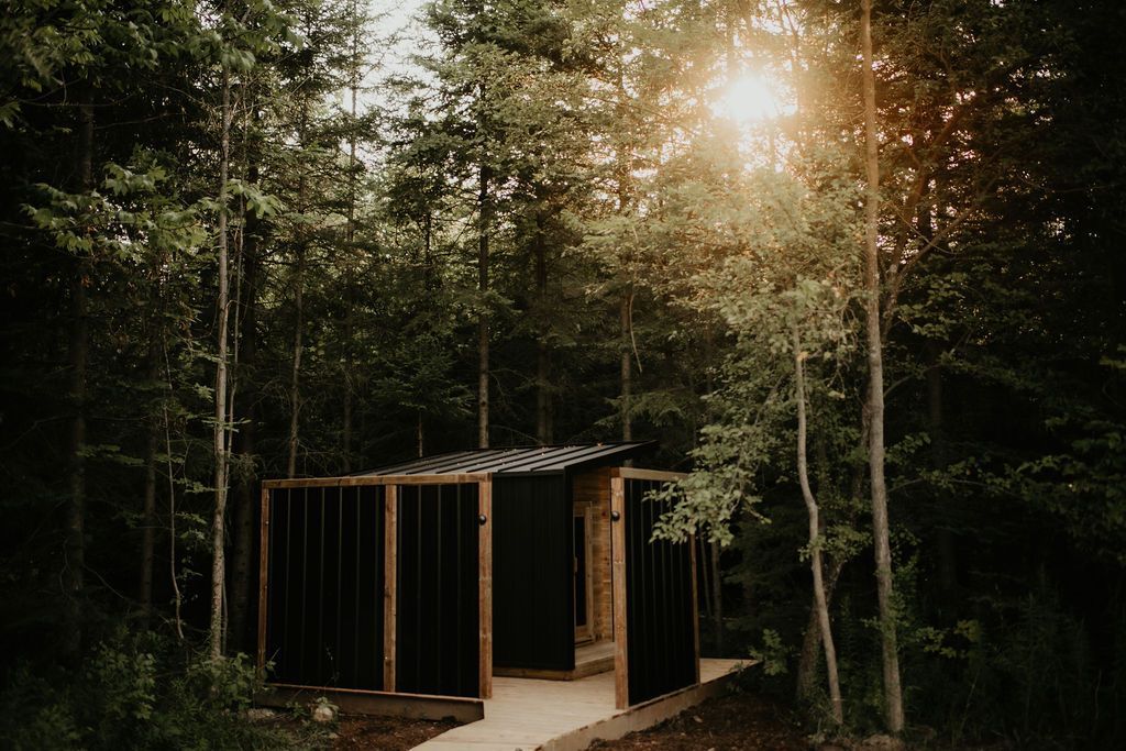 A small house in the middle of a forest with the sun shining through the trees.
