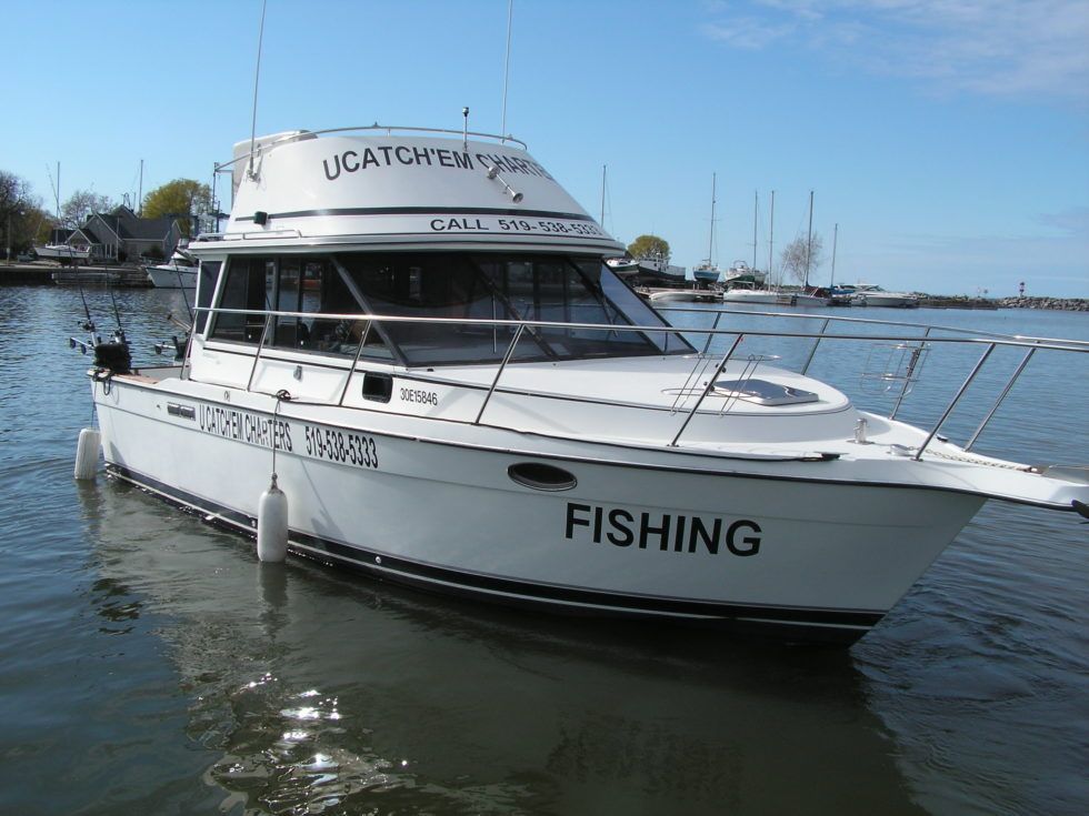 A white fishing boat is docked in the water