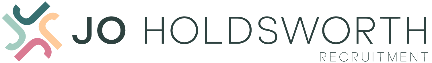 Logo of Jo Holdsworth Recruitment: text, emblem of curved lines in teal, pink, and yellow.