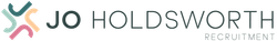 Logo of Jo Holdsworth Recruitment: text, emblem of curved lines in teal, pink, and yellow.