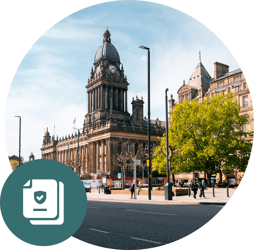 Leeds Town Hall with a documents icon in the foreground.