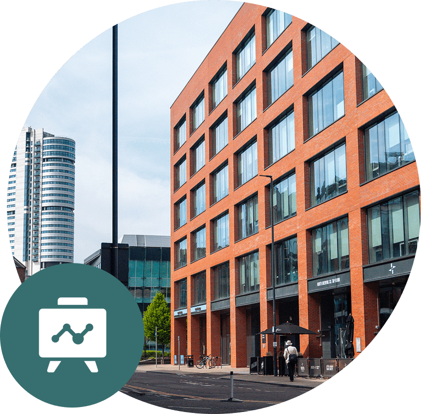 Red brick building and modern high-rise office buildings. Street with a presentation icon.