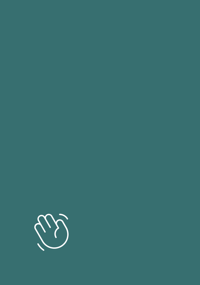 White outline of a waving hand on a teal background.