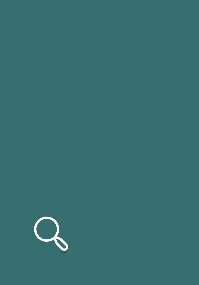 White magnifying glass icon on teal background.