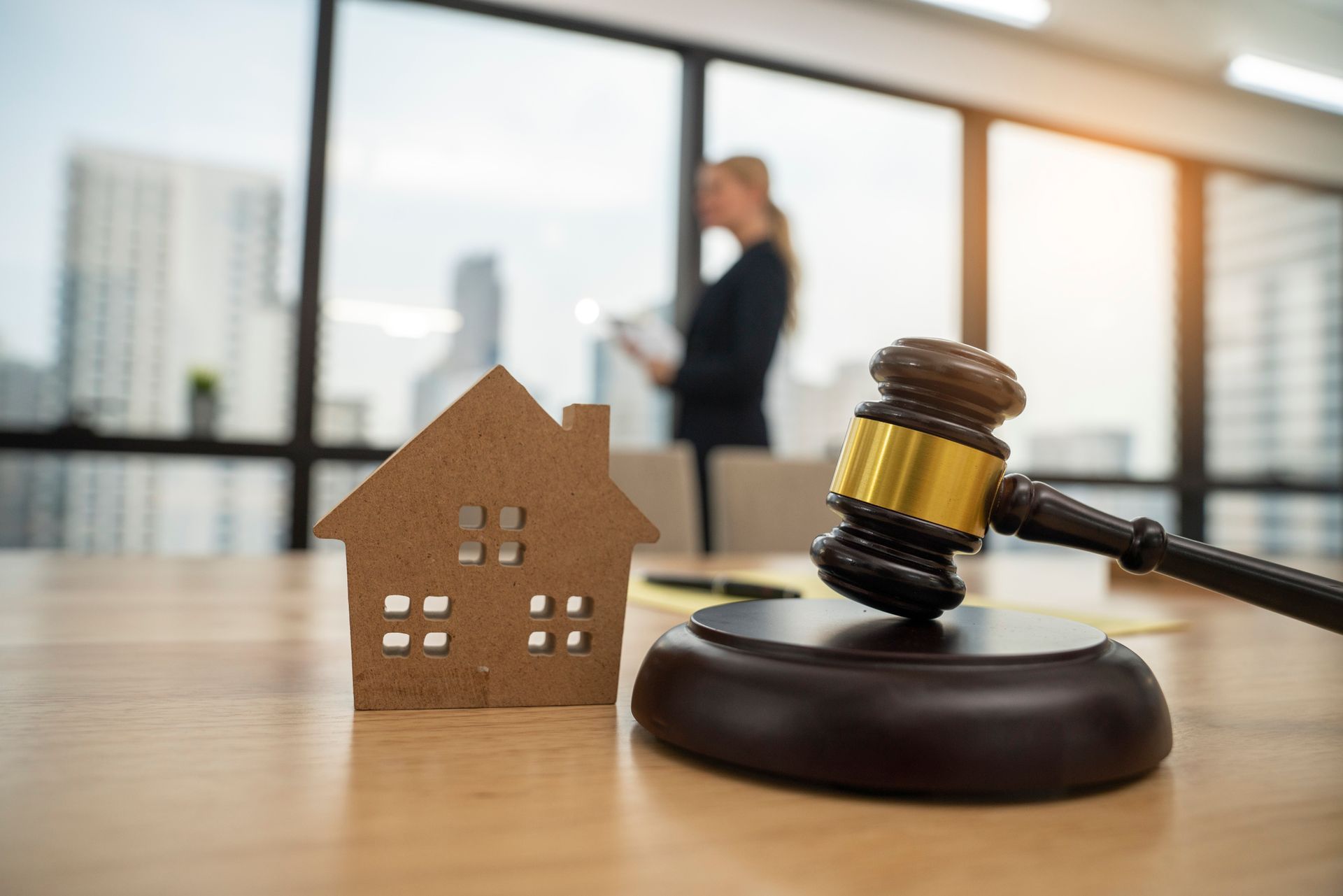 Wooden house and gavel on desk with person looking out window.