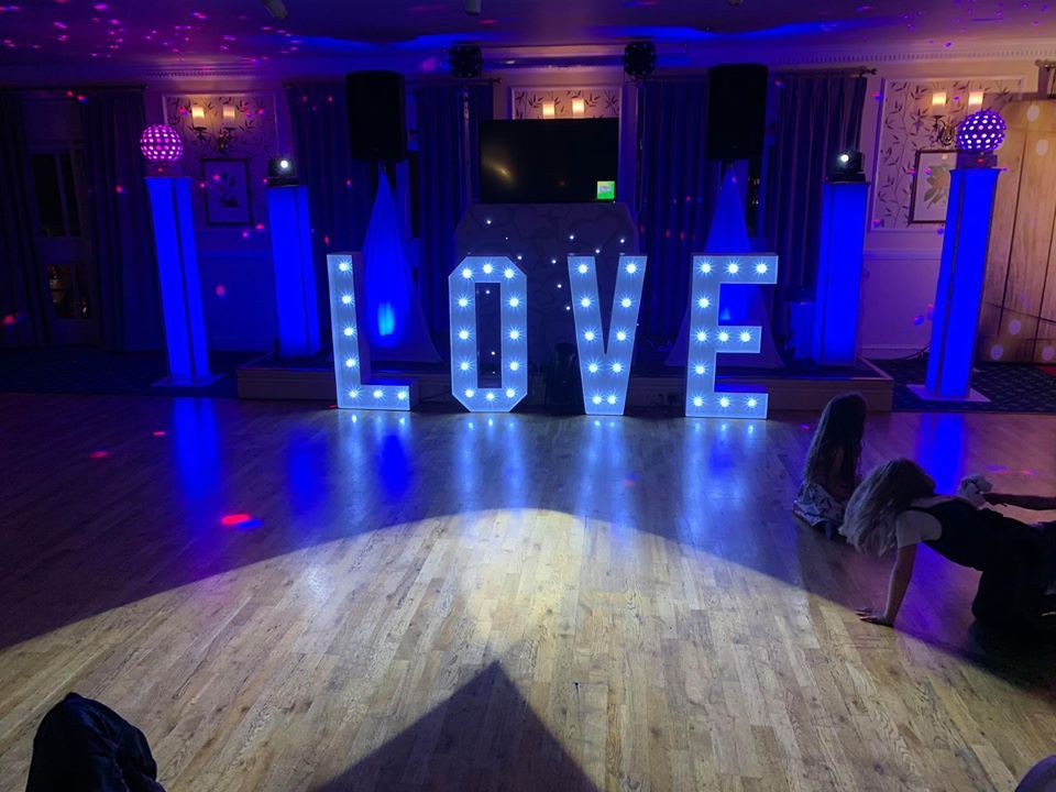 Providing our DJ service and Big 5ft LED Love letters for a wedding in Derby