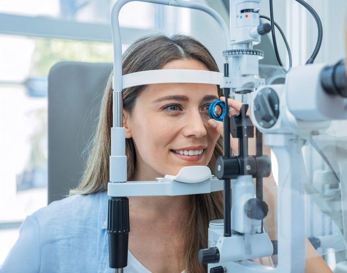 Woman having eye exam with slit lamp machine.