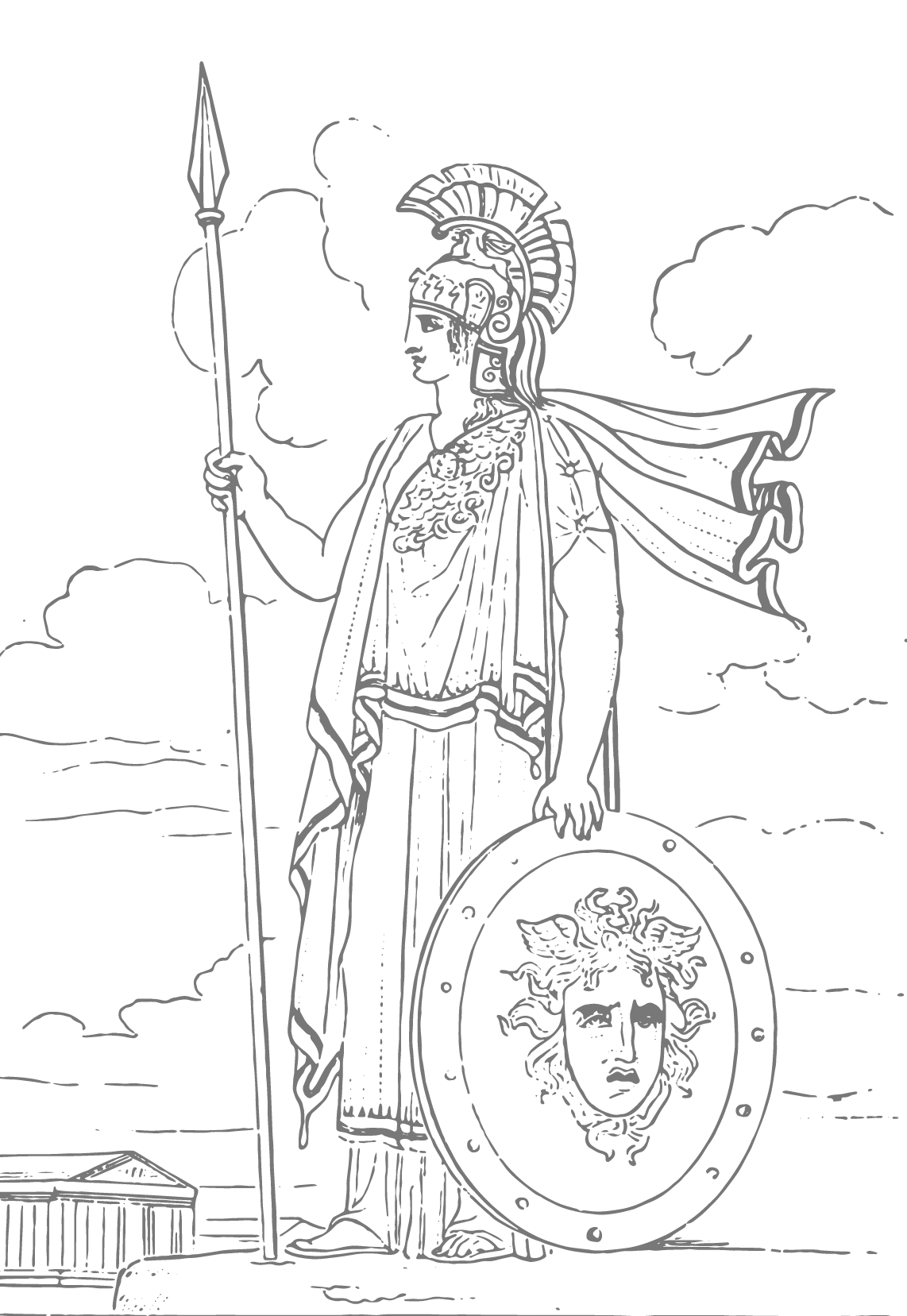 A line drawing of Athena wearing a helmet and holding a spear and shield.