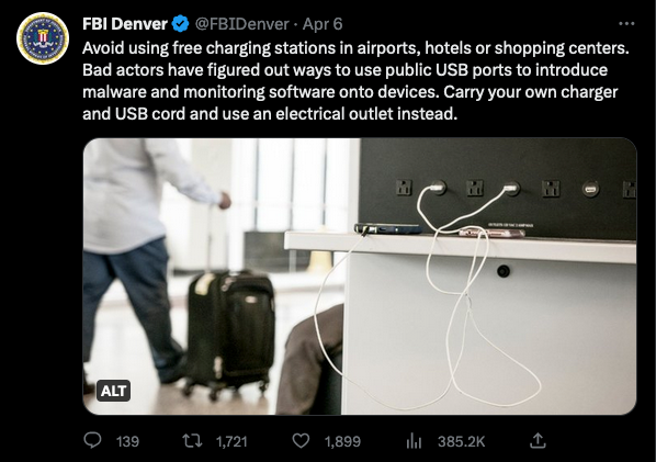 a screenshot of a tweet from the FBI, warning about using public charging stations