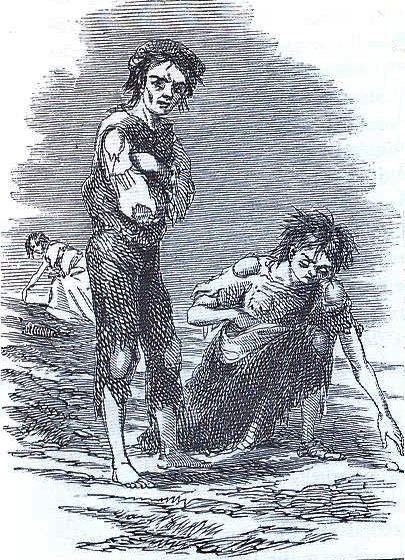 A 19th century engraving of three rough and hungry looking children searching for potatoes.