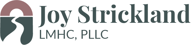 Logo for Joy Strickland, LMHC, PLLC, featuring a stylized river or path within a grey and maroon design.