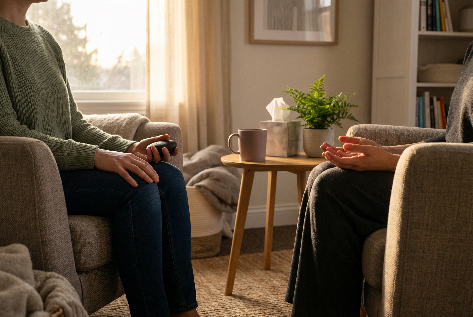 Two people in armchairs in a well-lit room, possibly therapy setting. Hands are visible.
