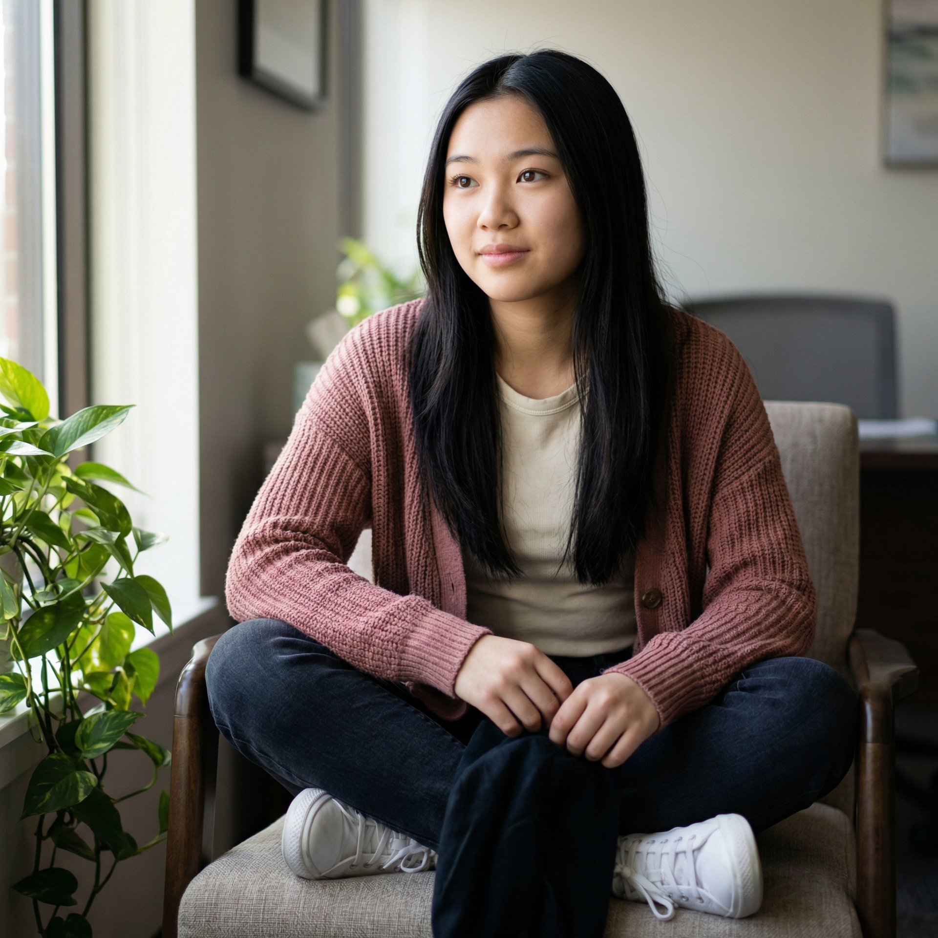 Woman seated, cross-legged, looking out window. Wearing a pink cardigan, jeans, and sneakers.