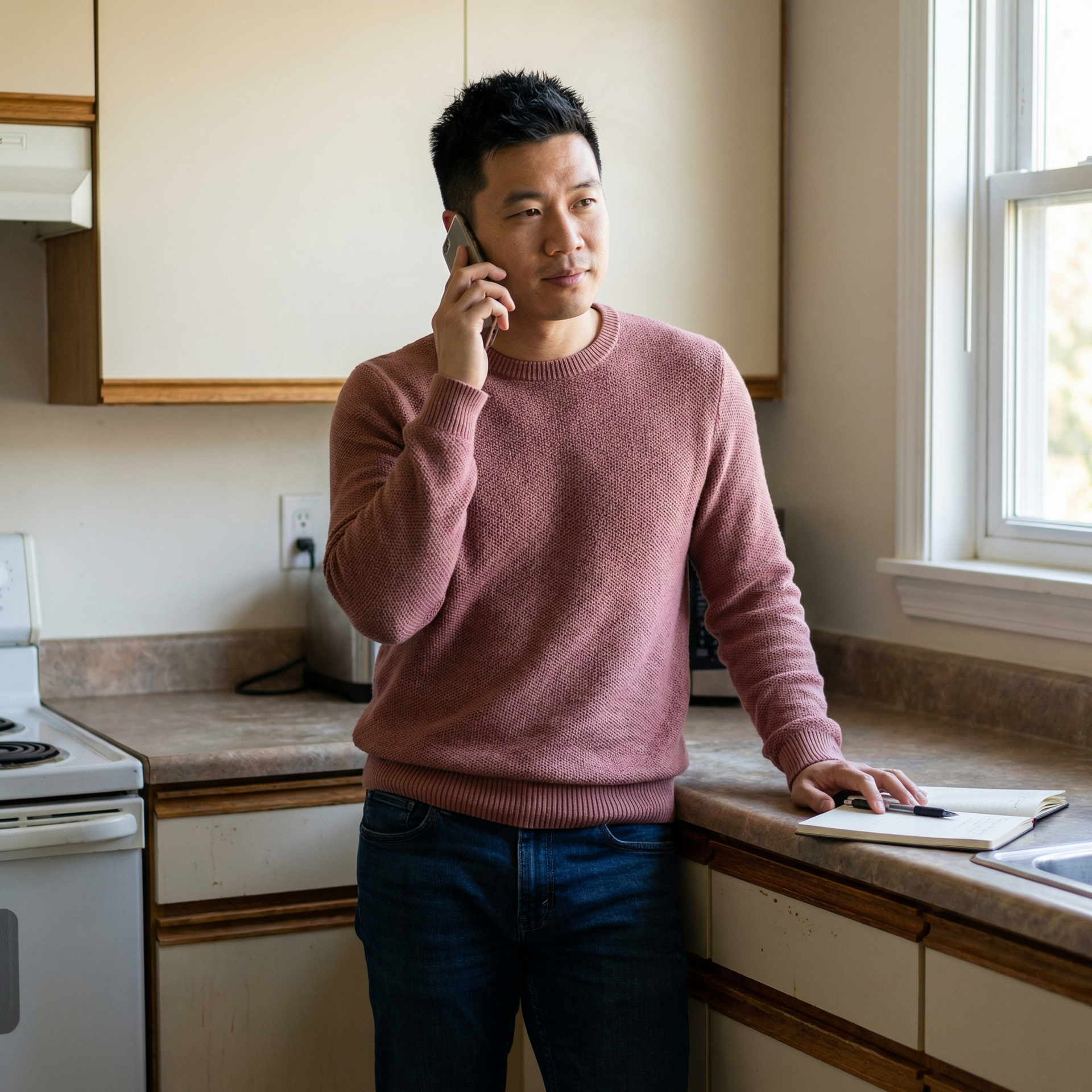Man in pink sweater talking on phone in kitchen.