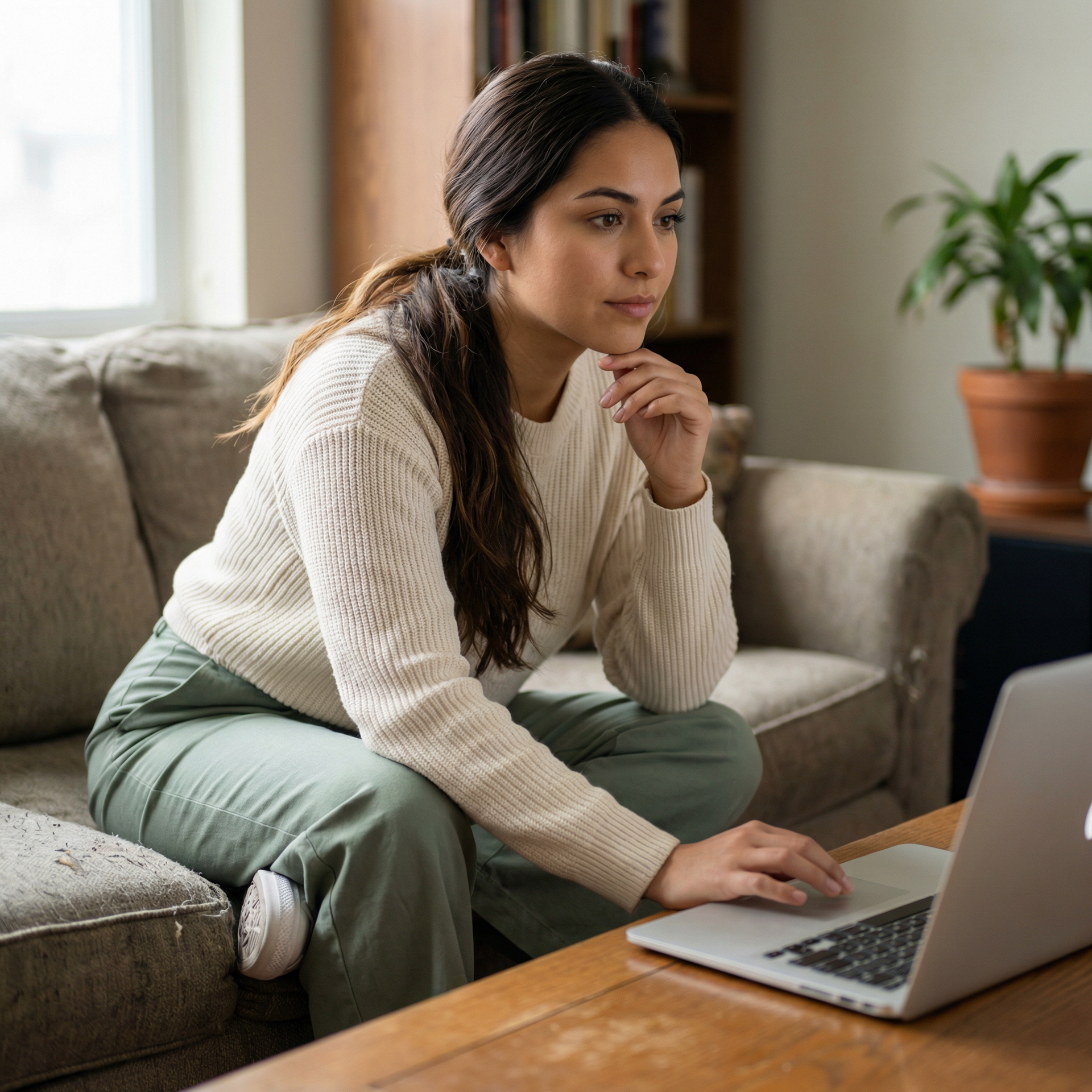 Woman sitting on a couch, using a laptop, resting chin on hand. Light-colored sweater and green pants.