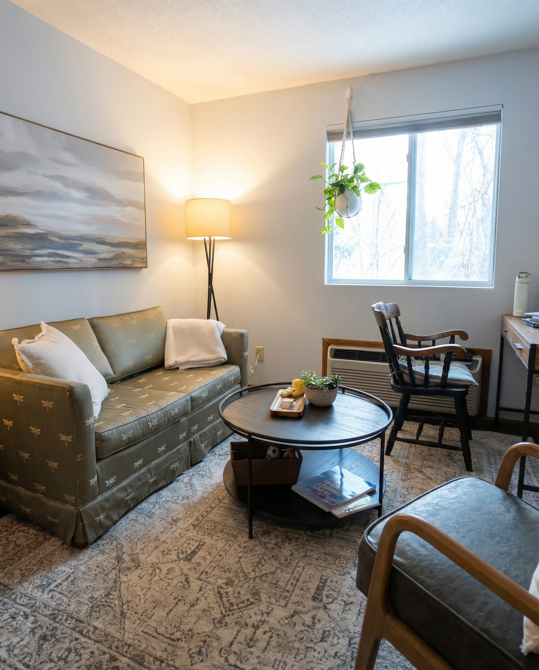 Cozy living room with a green patterned couch, coffee table, and window with a hanging plant.