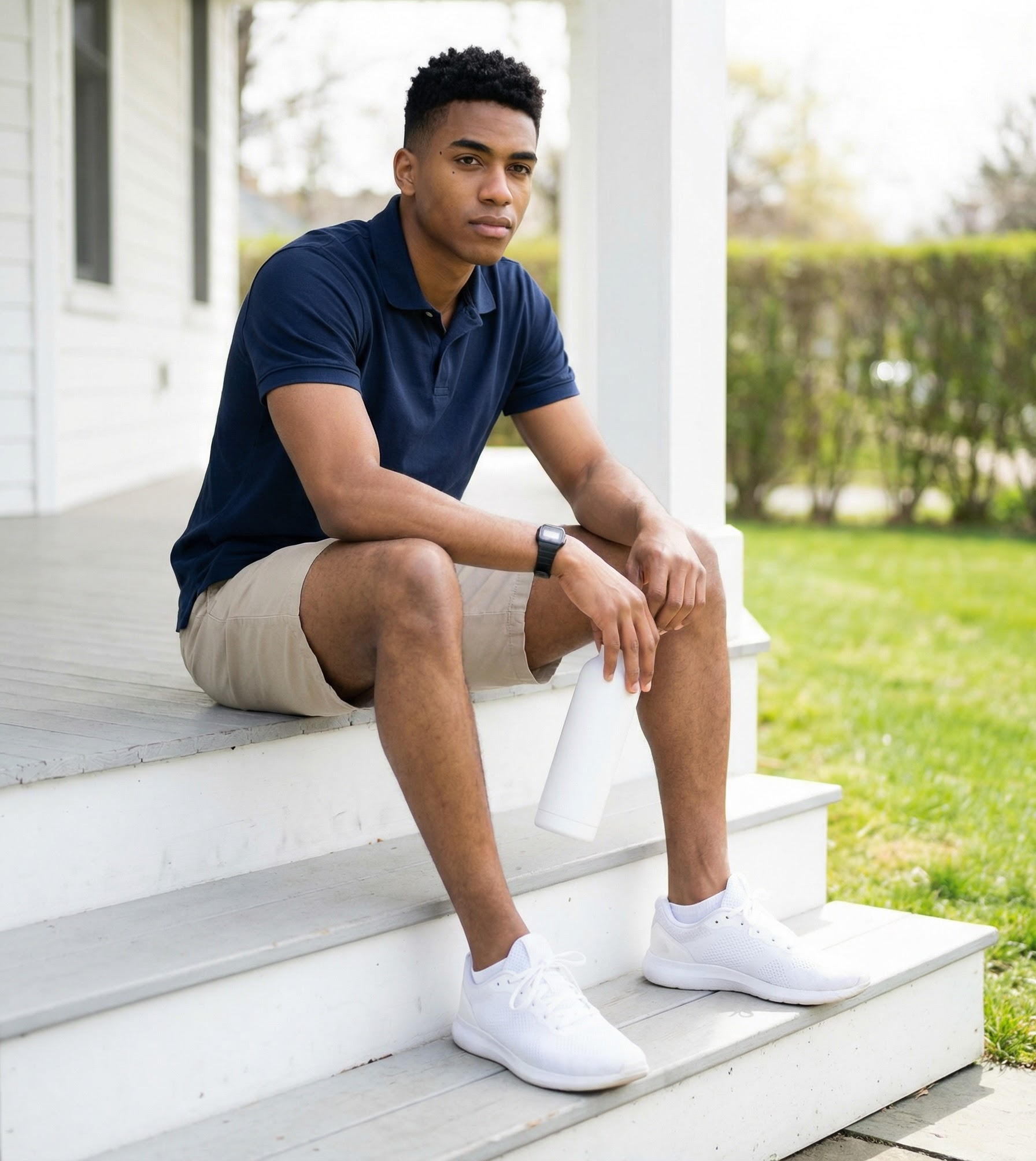 Man in blue polo and khaki shorts sits on white porch steps, holding a white water bottle.