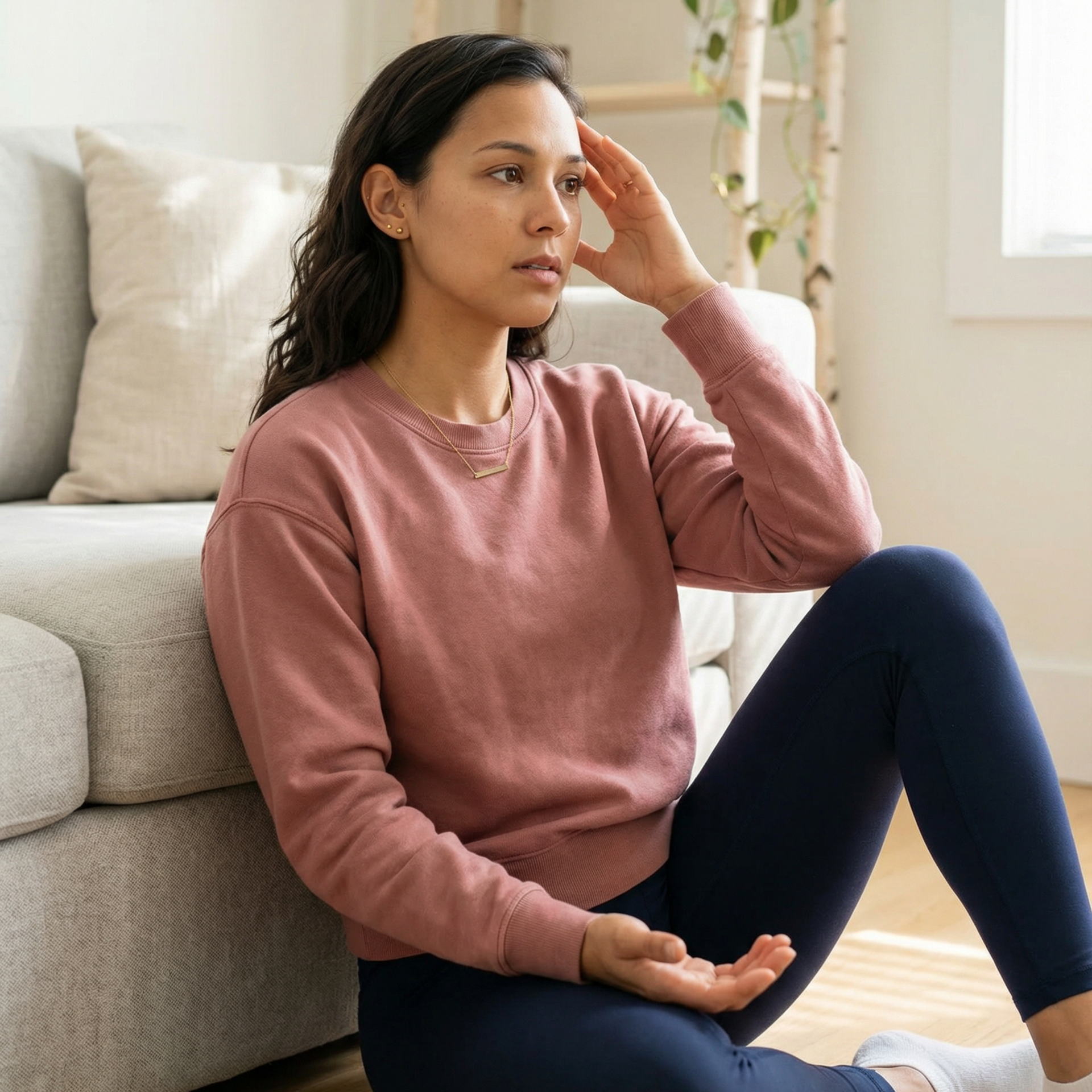 Woman sits on floor, hand on head, looking pensive near a couch in a bright room.