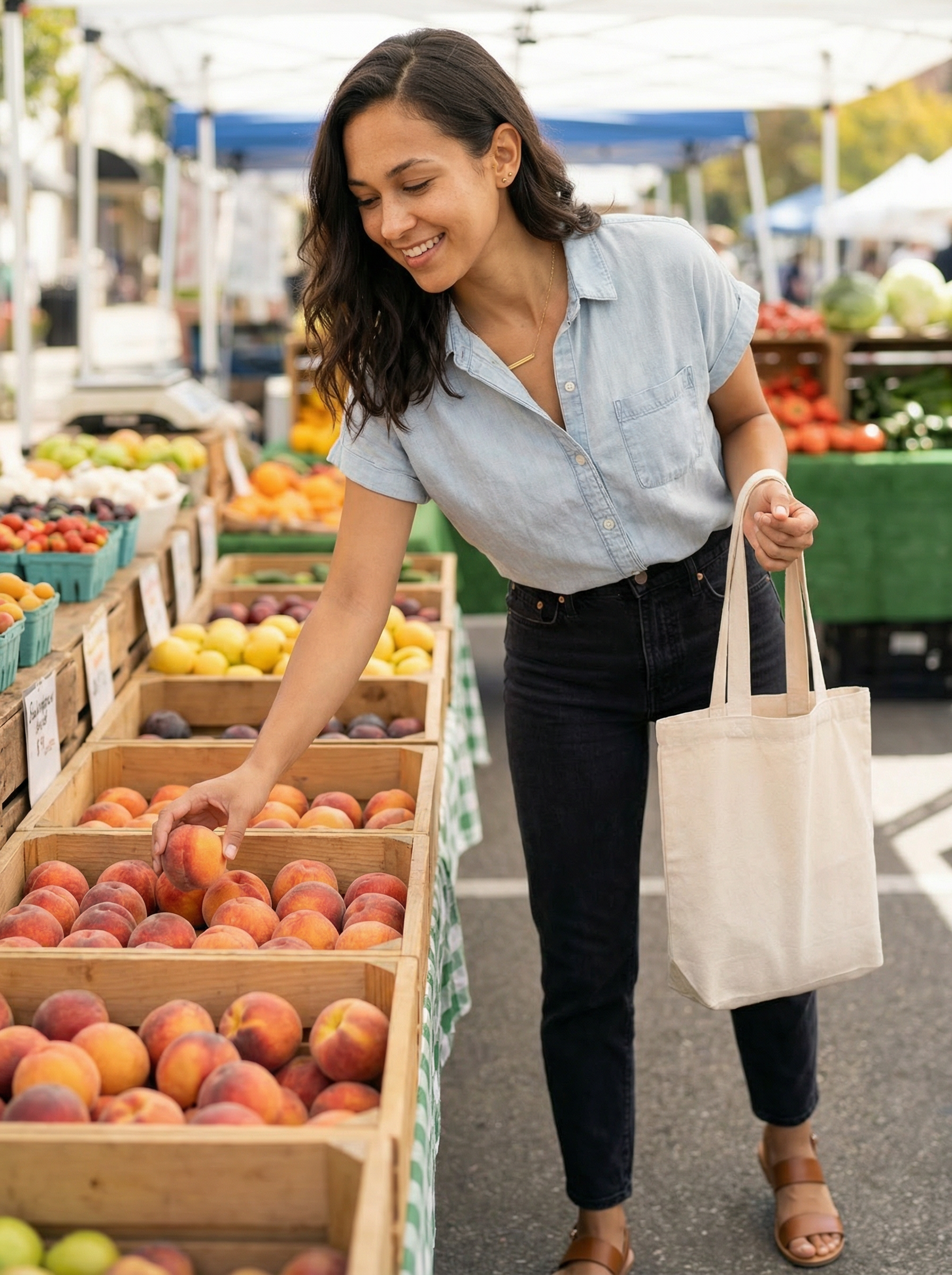 Woman selecting peaches at an outdoor farmers market, holding a reusable shopping bag.
