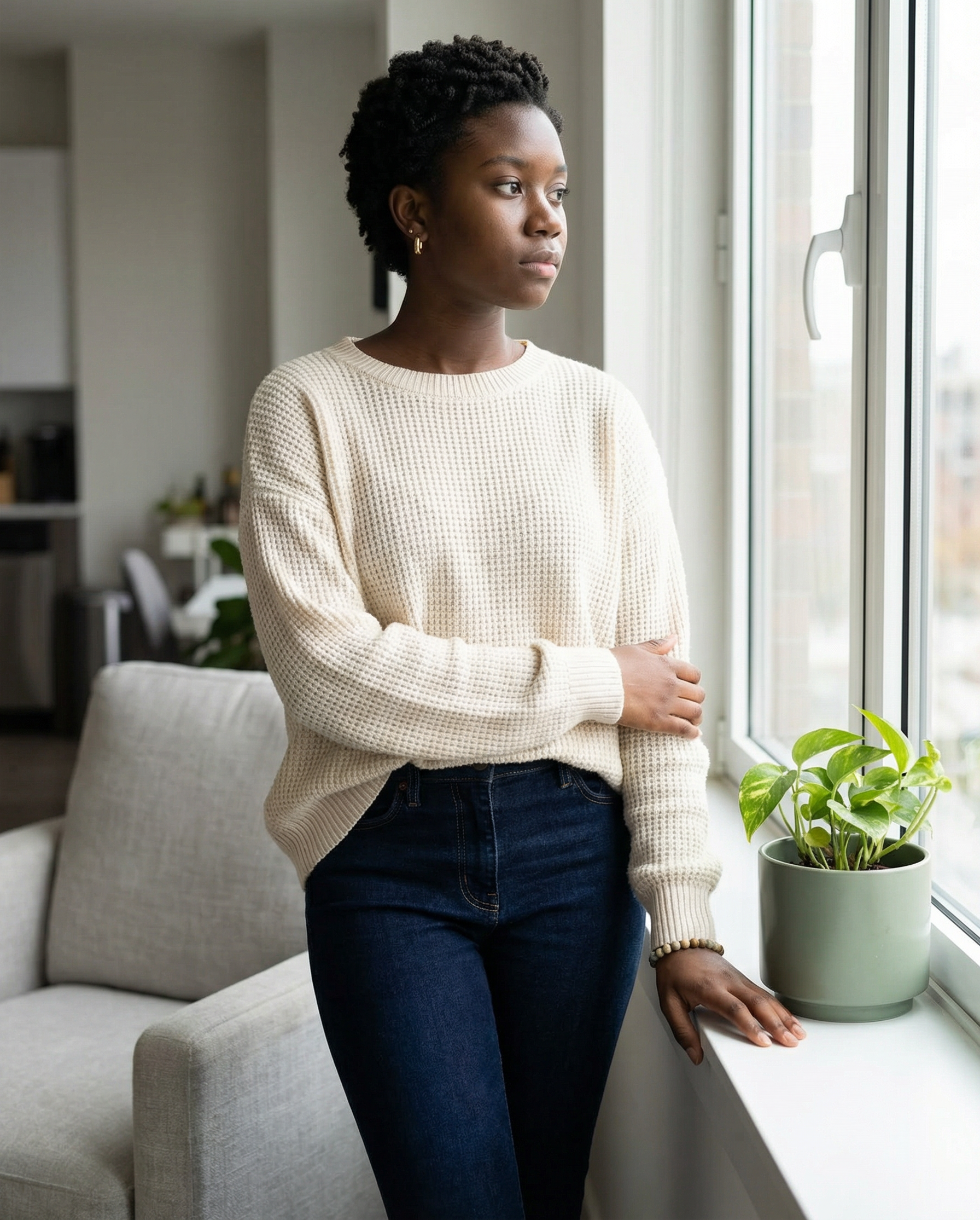 Woman gazing out a window, resting arm on a windowsill. Wearing a cream sweater, dark jeans. Plant beside her.