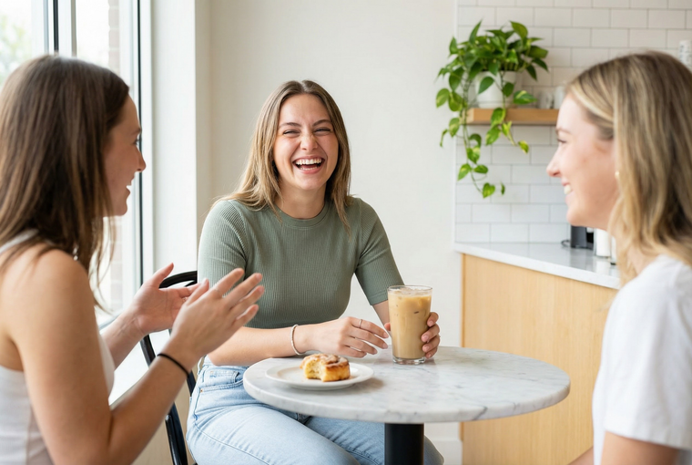 Three women laughing at a round table, one holds an iced coffee, cafe setting.