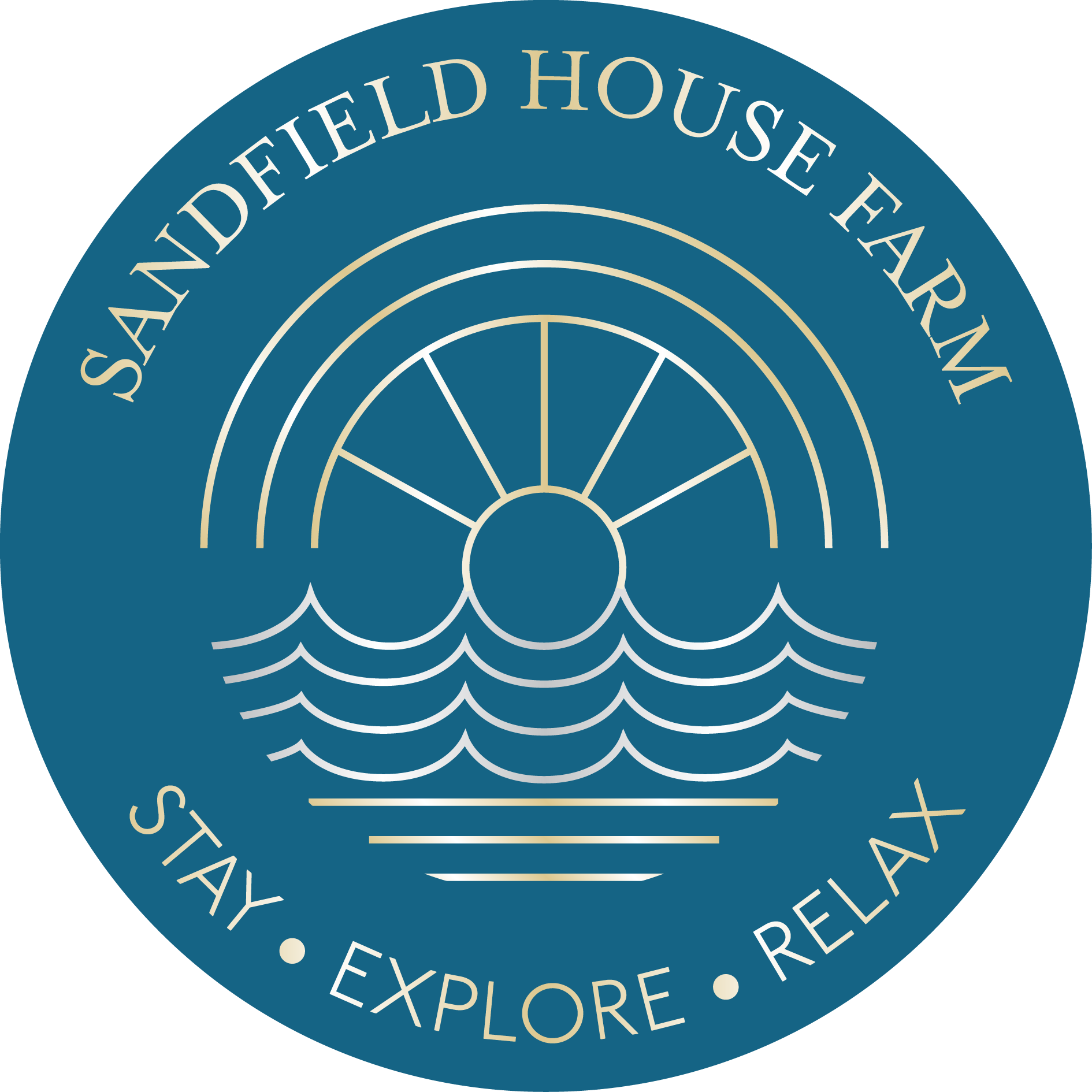 The logo for sandfield house farm caravan park in whitby is a blue circle with a sun and waves in it.