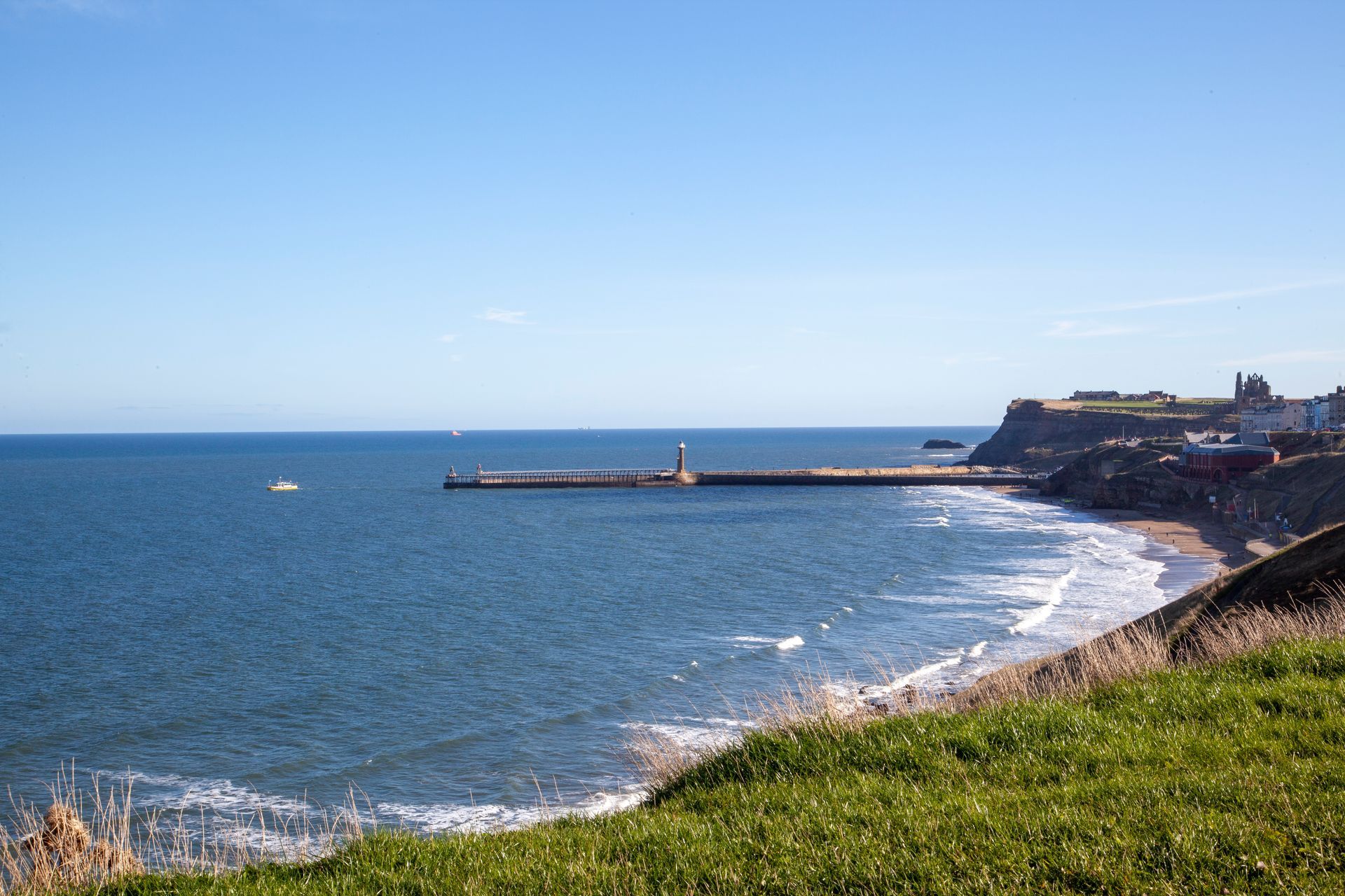 A view of the ocean from a grassy hill.