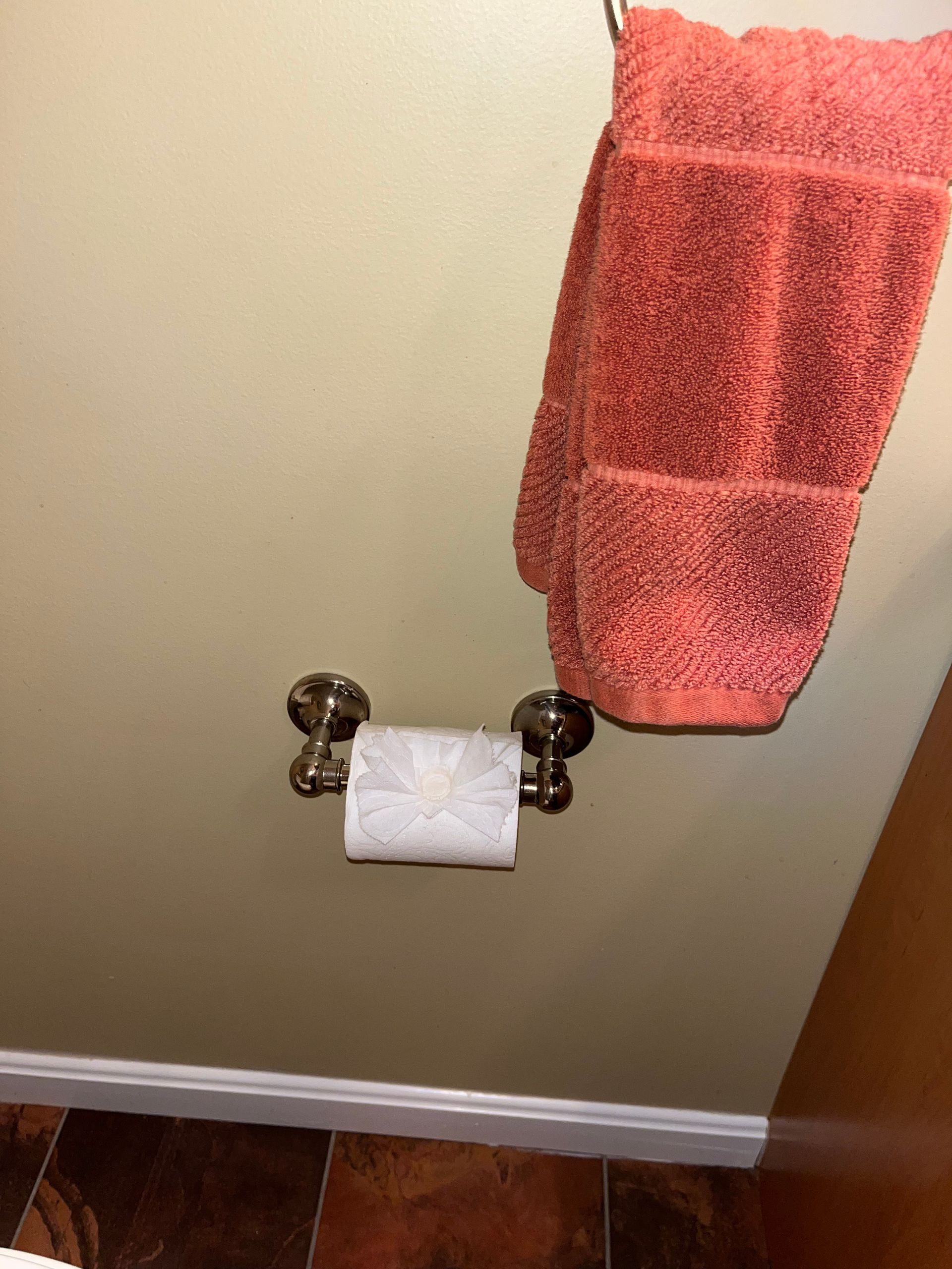 Toilet paper roll on wall below a coral towel on a towel bar. Beige wall, brown floor.