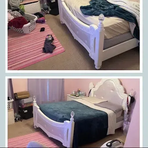 Two pictures of a bedroom before and after being cleaned