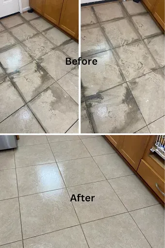 A before and after photo of a tile floor in a kitchen.