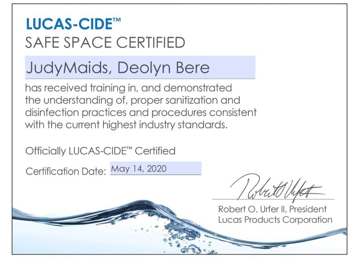 A certificate that says lucas-cide safe space certified judymaids deolyn bere
