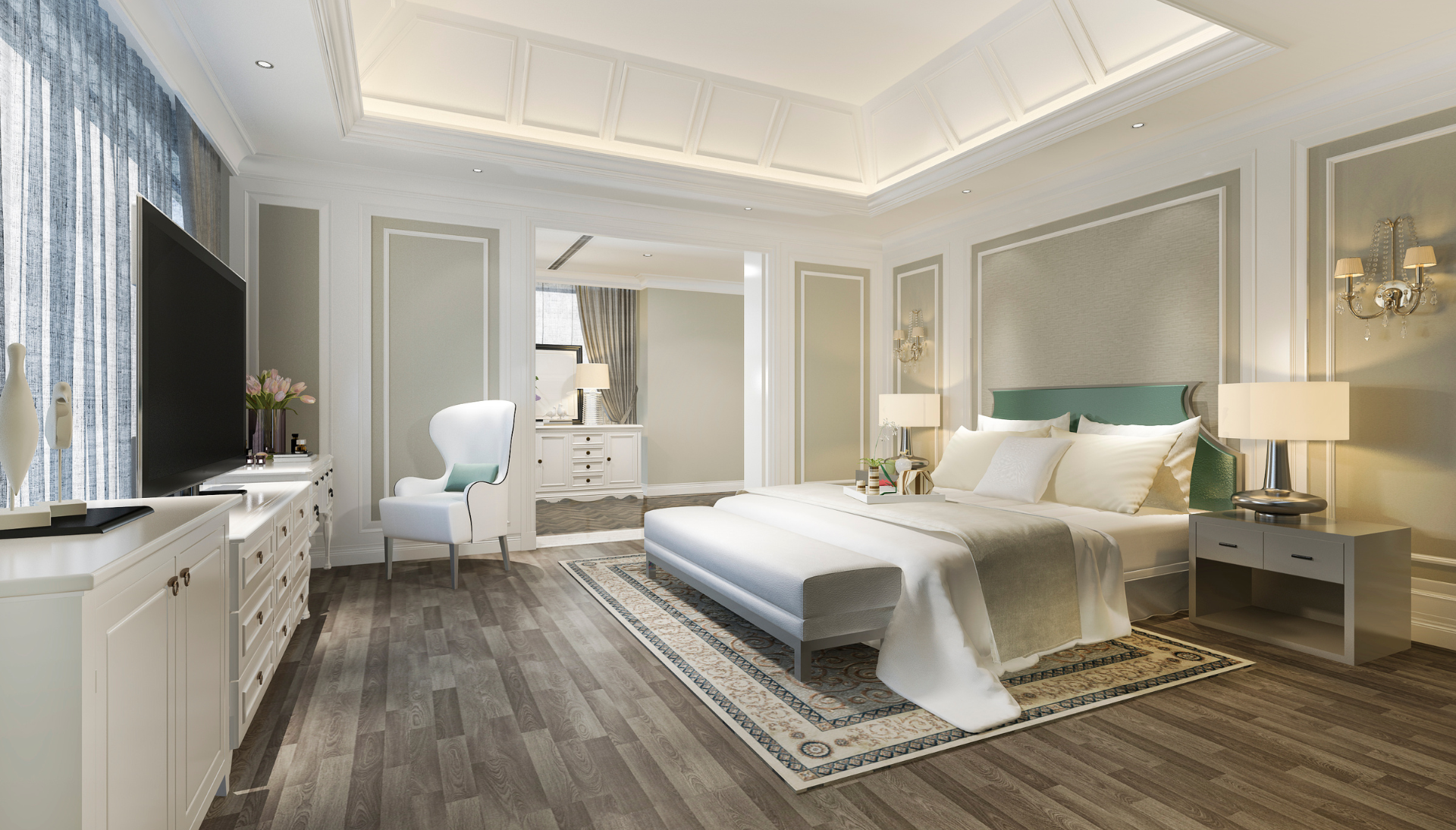 A bedroom with a large bed , dresser , nightstand and television.