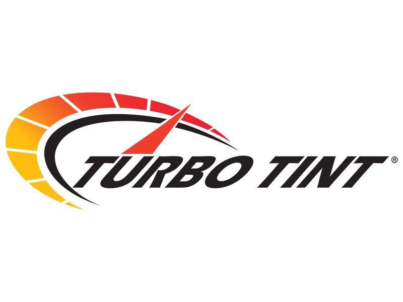 Logo for Turbo Tint, automotive window tinting service, featuring a speedometer design with red, yellow, and black colors.