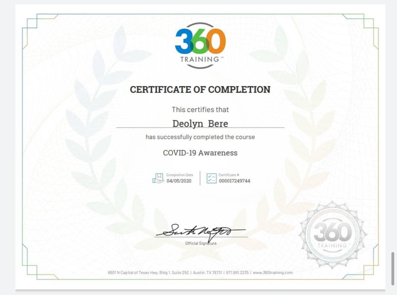 A certificate of completion for a 360 training course