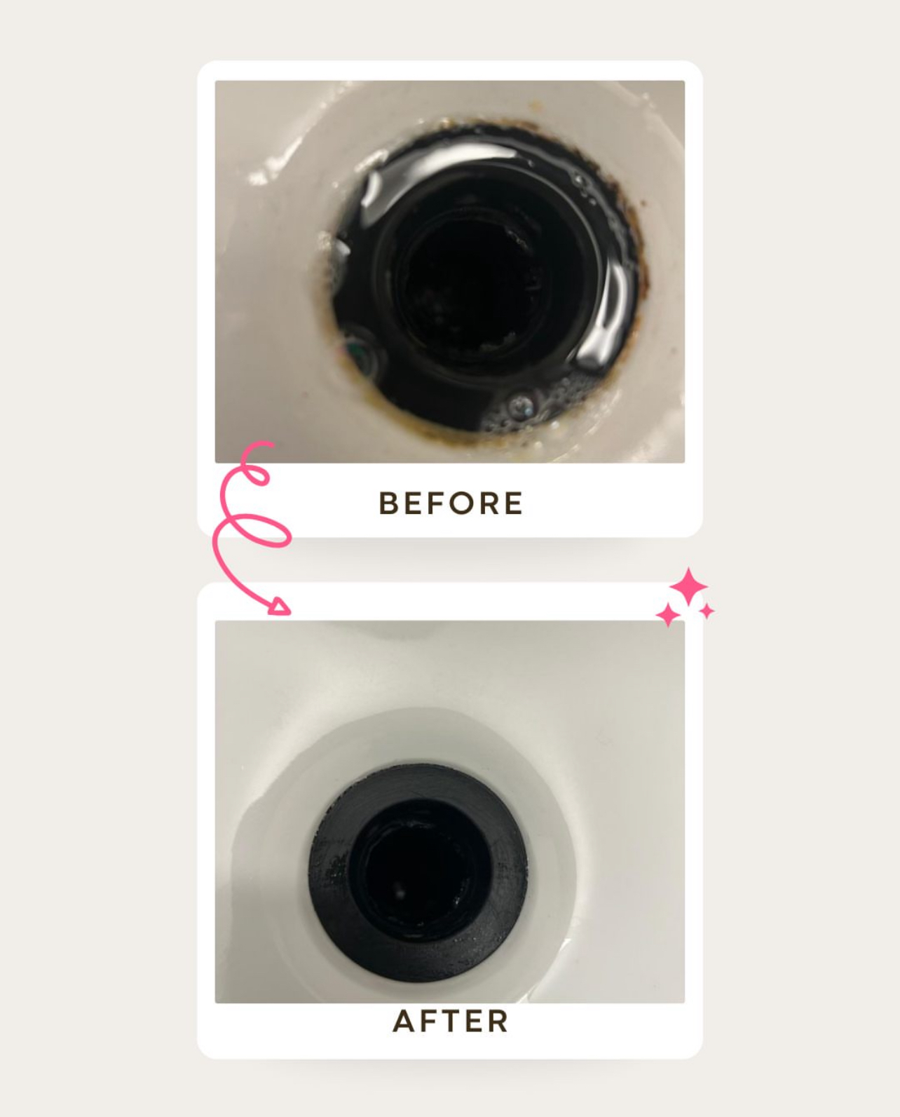 A before and after picture of a sink drain.